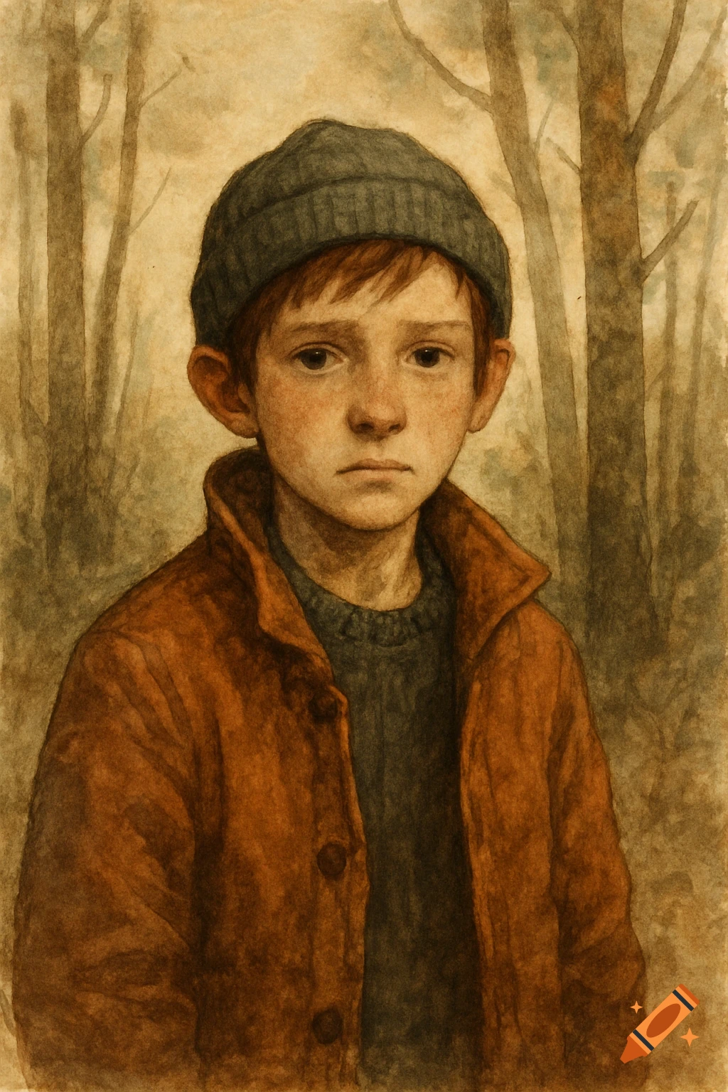 A watercolor painting of a boy in a beanie and jacket standing in a forest.