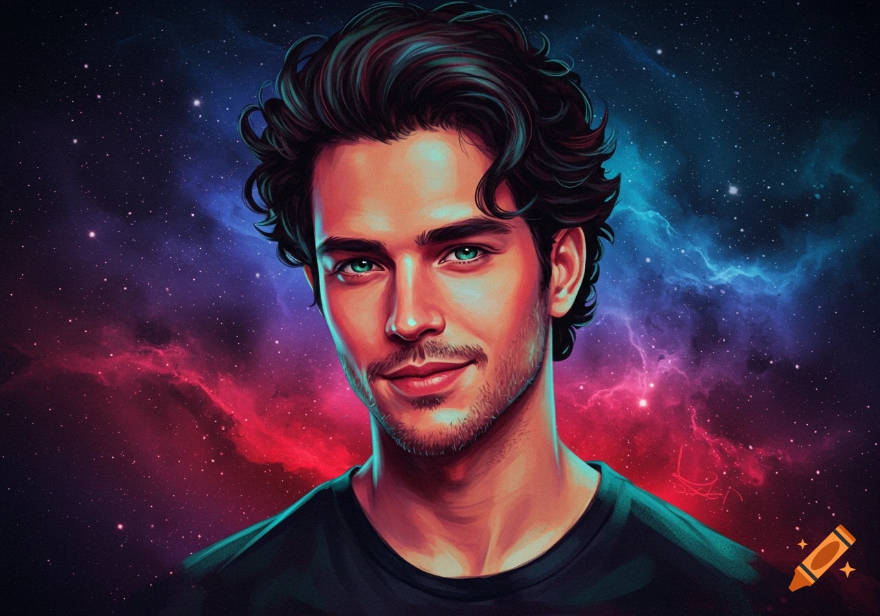 Portrait of a man with dark curly hair and green eyes against a colorful nebula and starfield background.