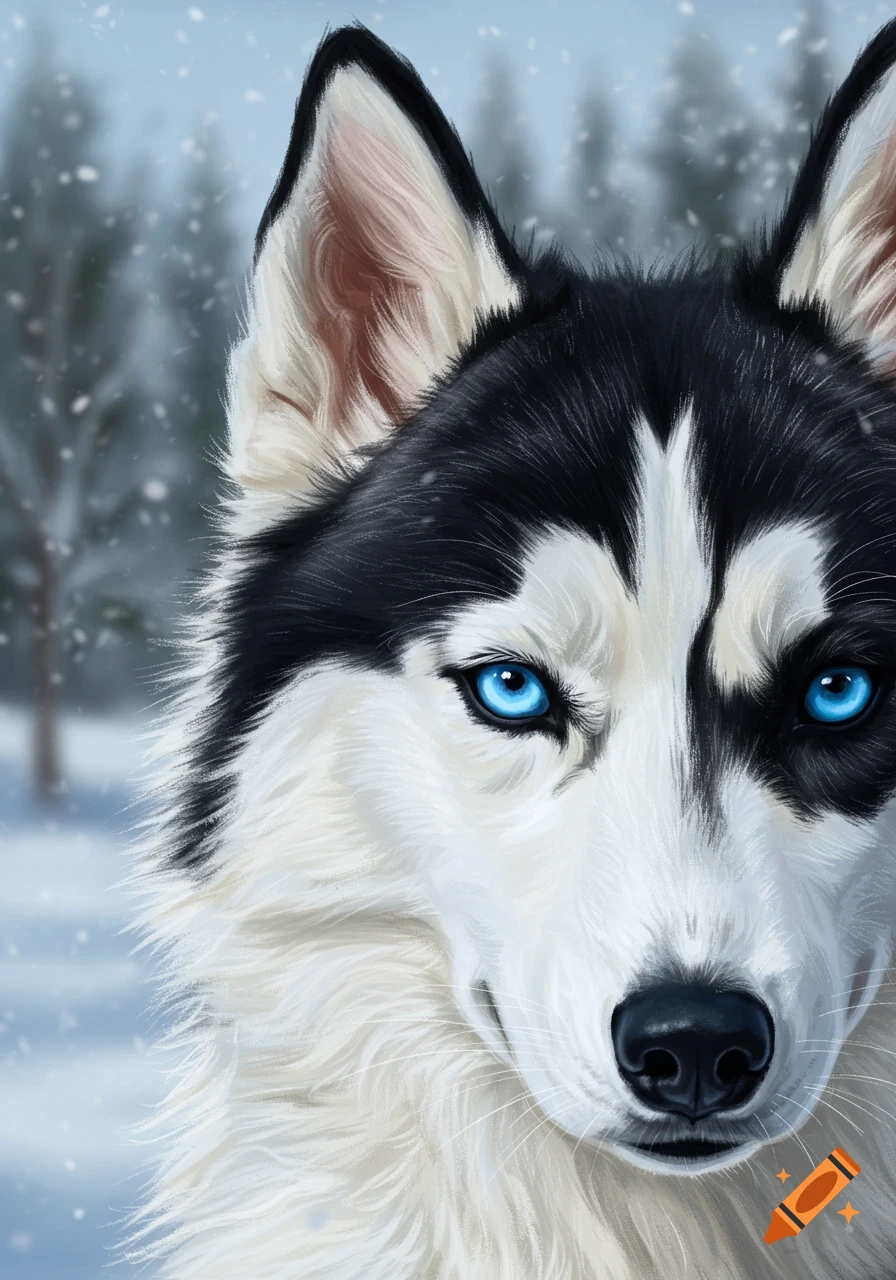 Close-up of a black and white husky with bright blue eyes in a snowy forest.