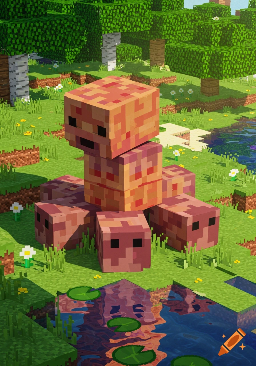 Blocky red and orange creatures in a Minecraft landscape.