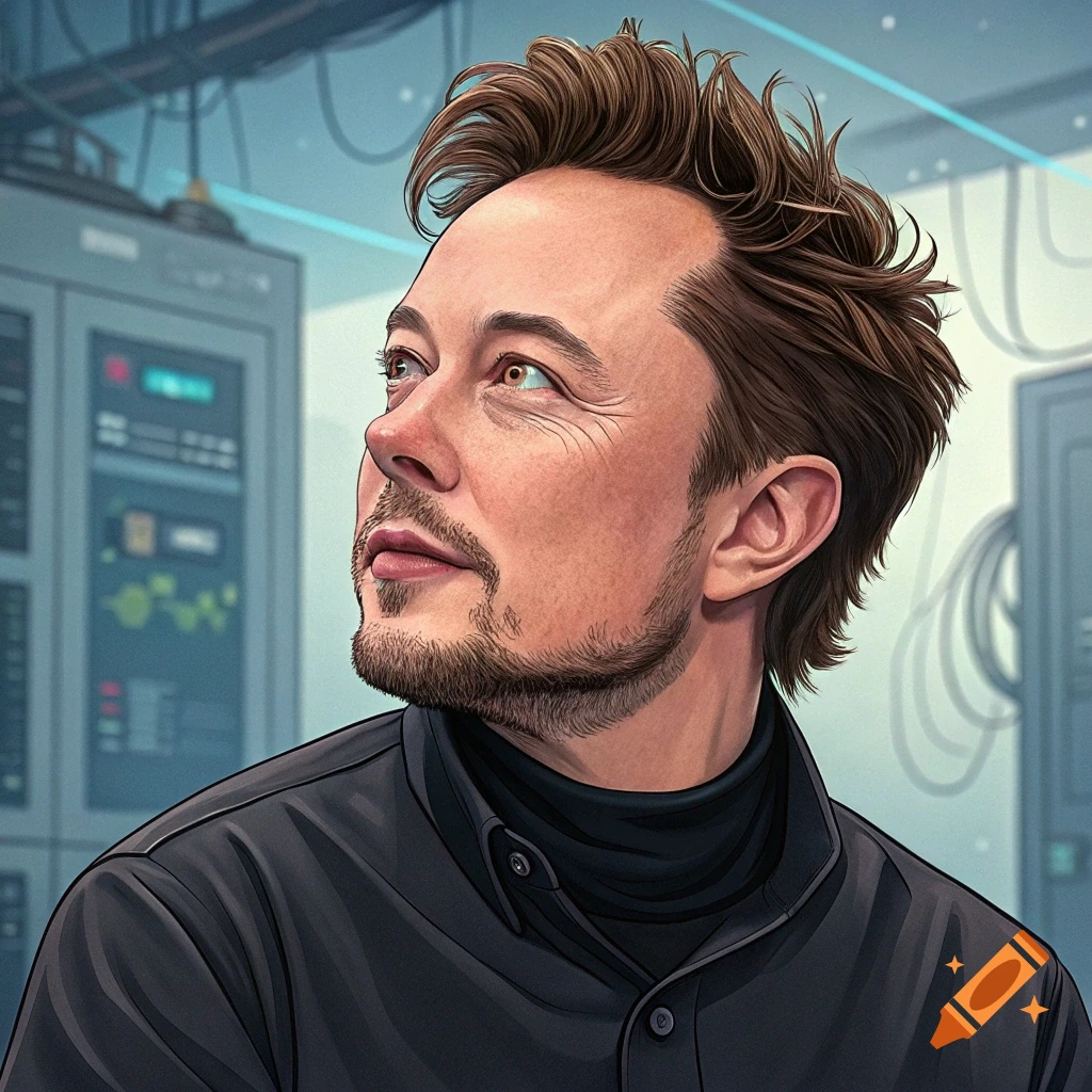 Illustration of Elon Musk looking up in a server room.