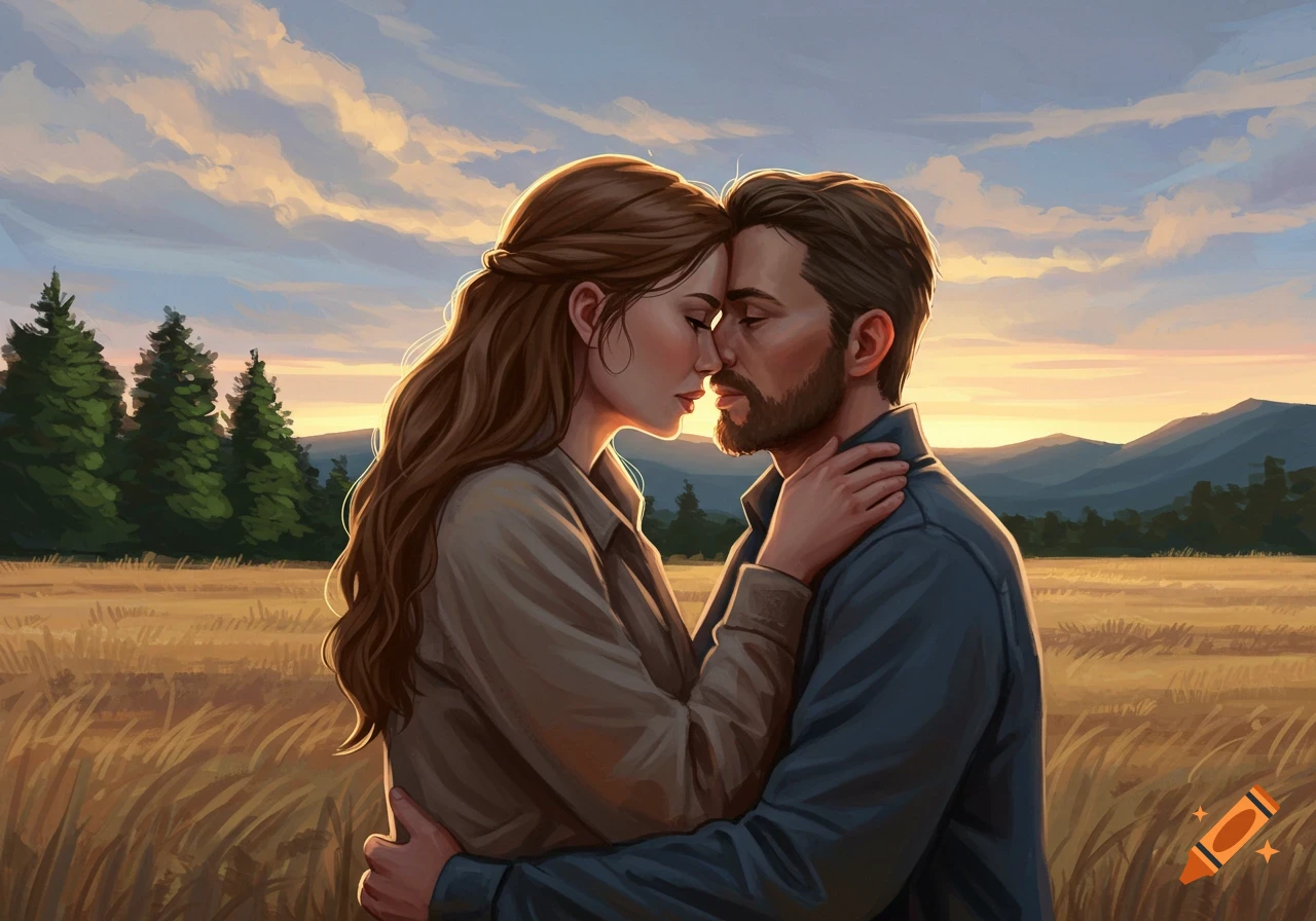 A couple embracing in a field at sunset.