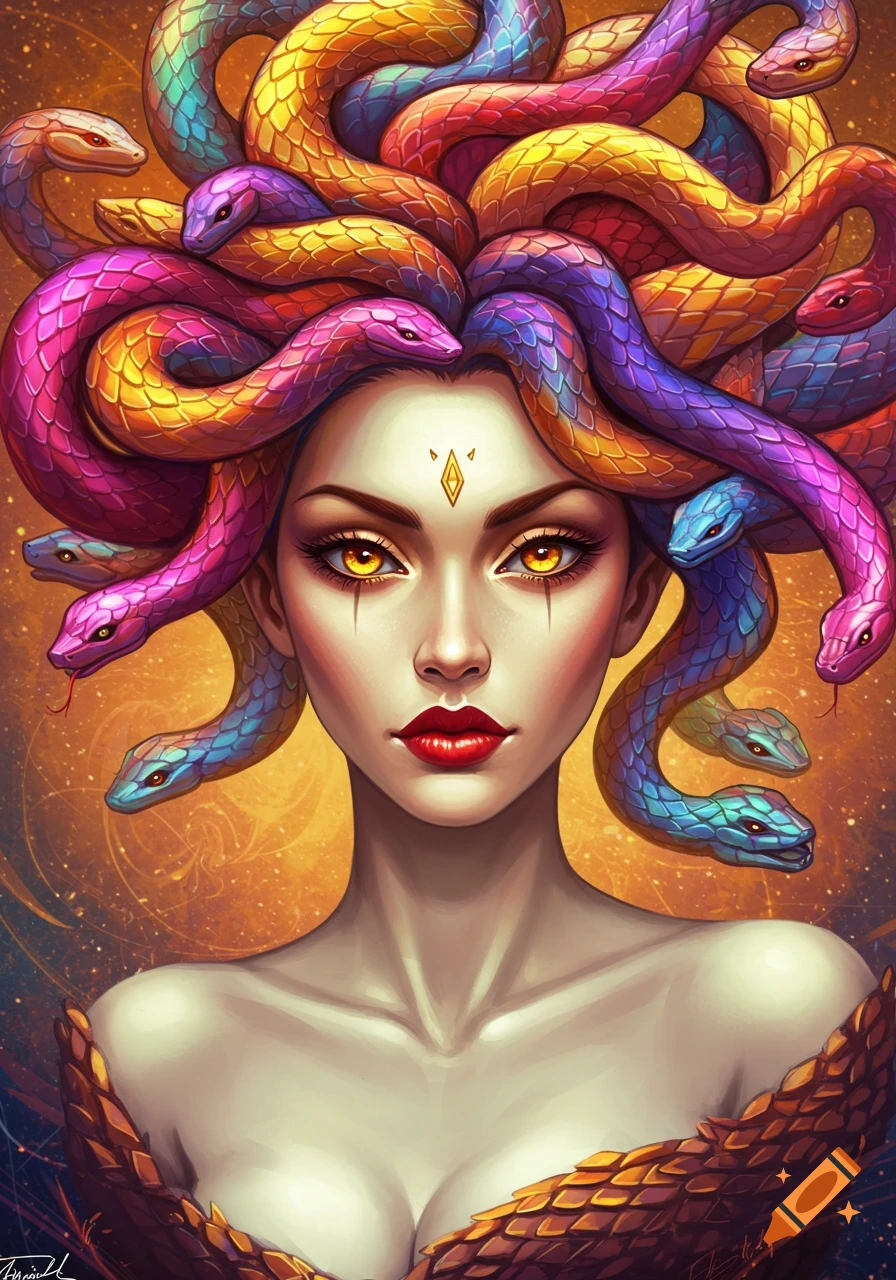 Medusa with colorful snakes for hair.