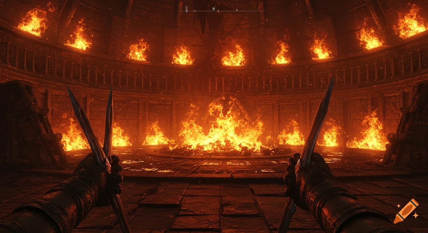 First-person view of hands holding weapons in a fiery fantasy arena.