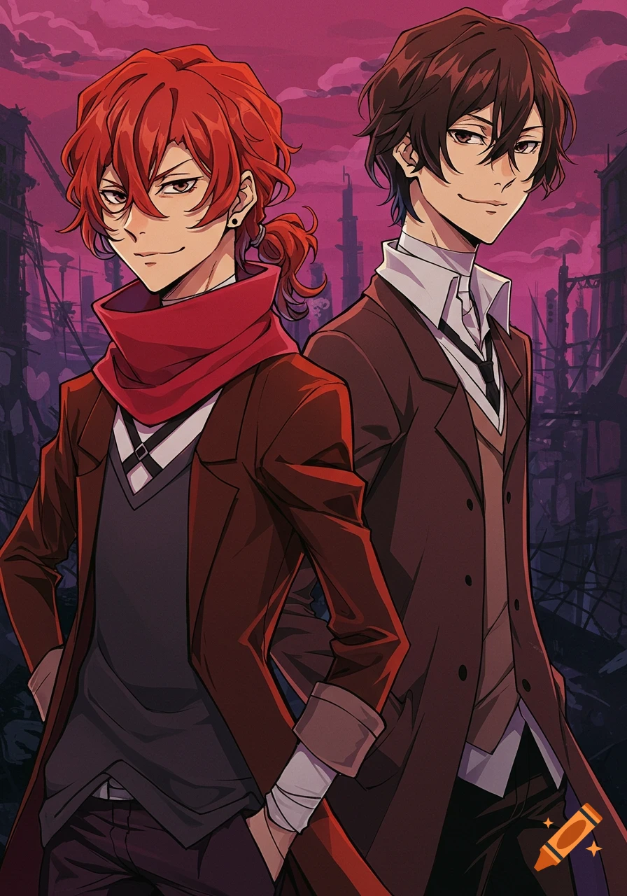 Anime illustration of two male characters standing together.