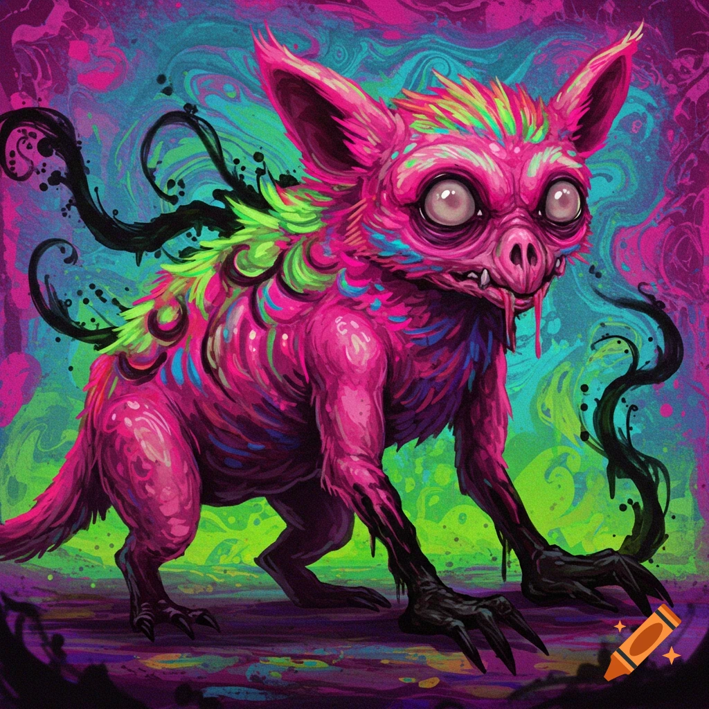 A strange, pink creature with large eyes, dripping tongue, and claws is standing against a vibrant, abstract background.