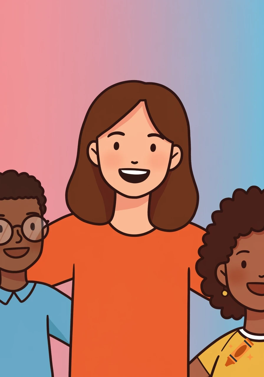 Simple illustration of a woman with her arms around a boy with glasses and a girl with curly hair, smiling.