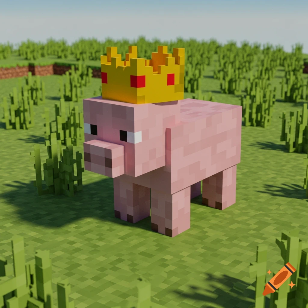 A blocky pink pig wearing a golden crown stands in a grassy Minecraft field.
