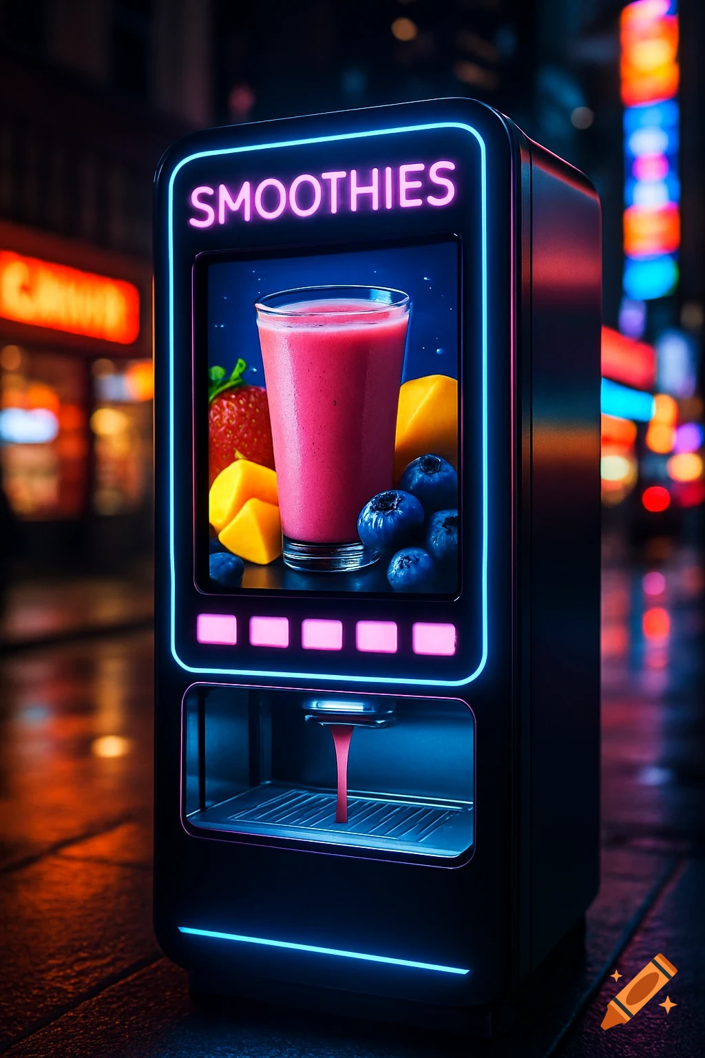 A smoothie vending machine with neon lights in an urban night scene.