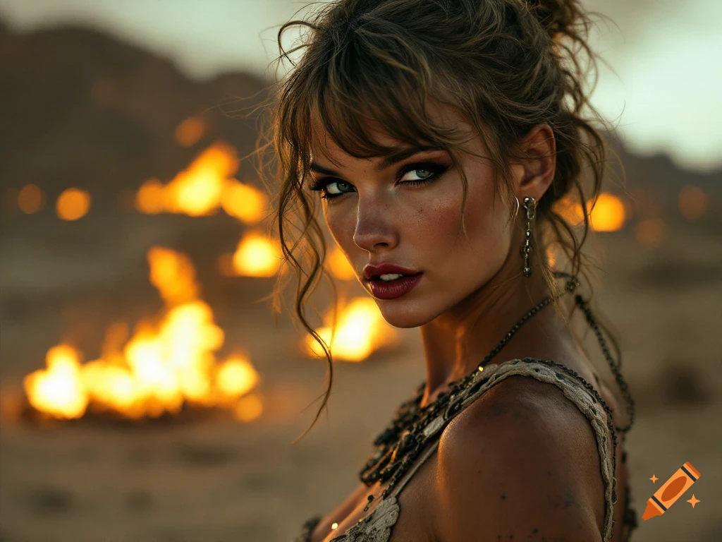 Realistic portrait of a woman in desert clothing standing near fires at sunset, looking at the camera.