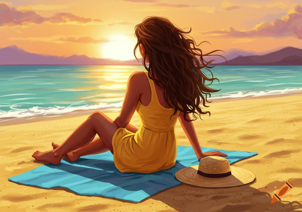A woman sitting on a towel on a beach, watching the sunset.