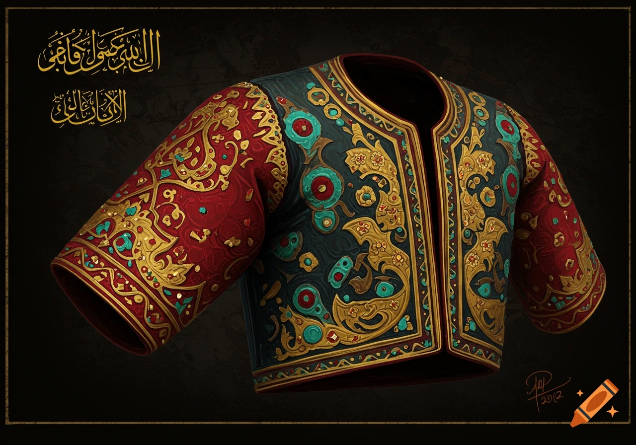 A richly decorated red and blue jerkin or vest with gold trim and script.