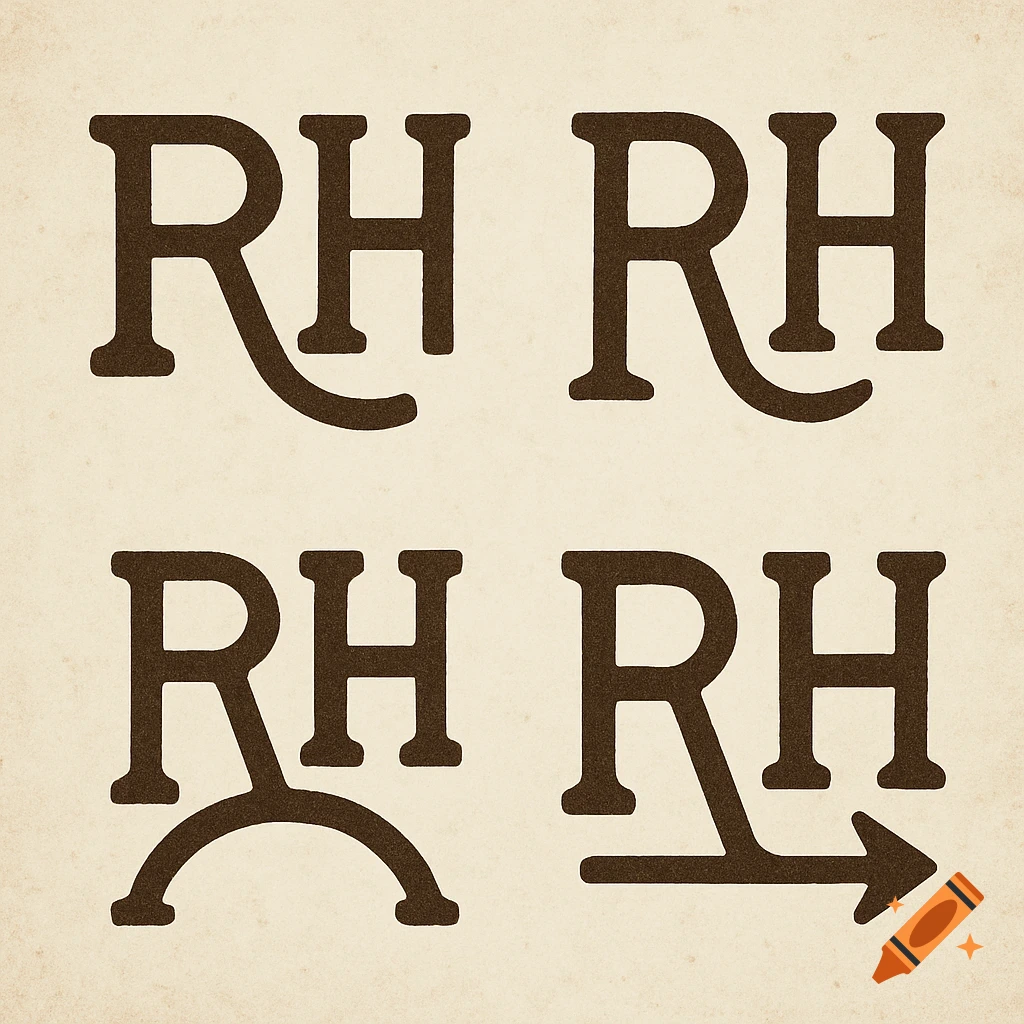 Four stylized versions of the letters RH resembling cattle brands on a textured background.