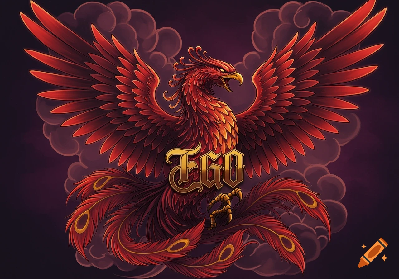 A red phoenix with spread wings and gold text spelling "EGO" on its chest, against a cloudy background. Stylized.