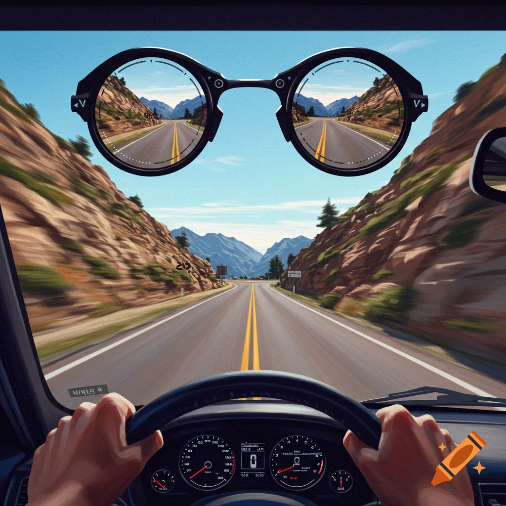 First-person view while driving through mountains, looking through a pair of varifocal glasses overlayed on the scene.