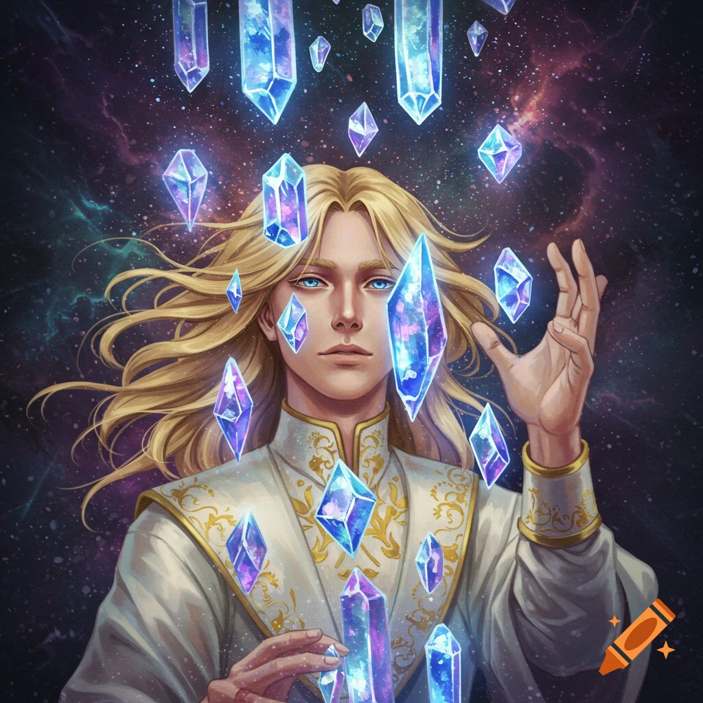 A blonde man is surrounded by glowing blue and purple crystals against a space background.