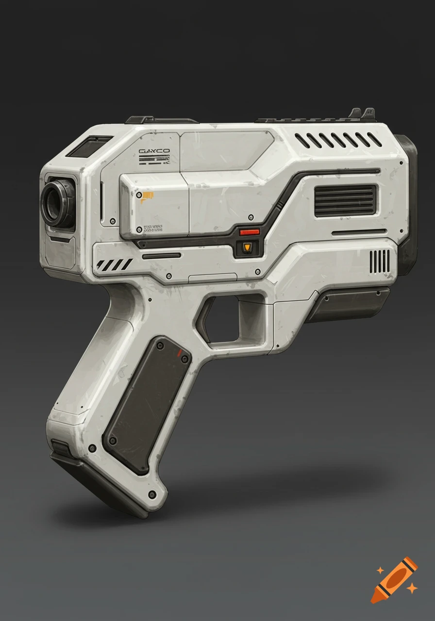 A white and grey sci-fi gun with a chunky design.