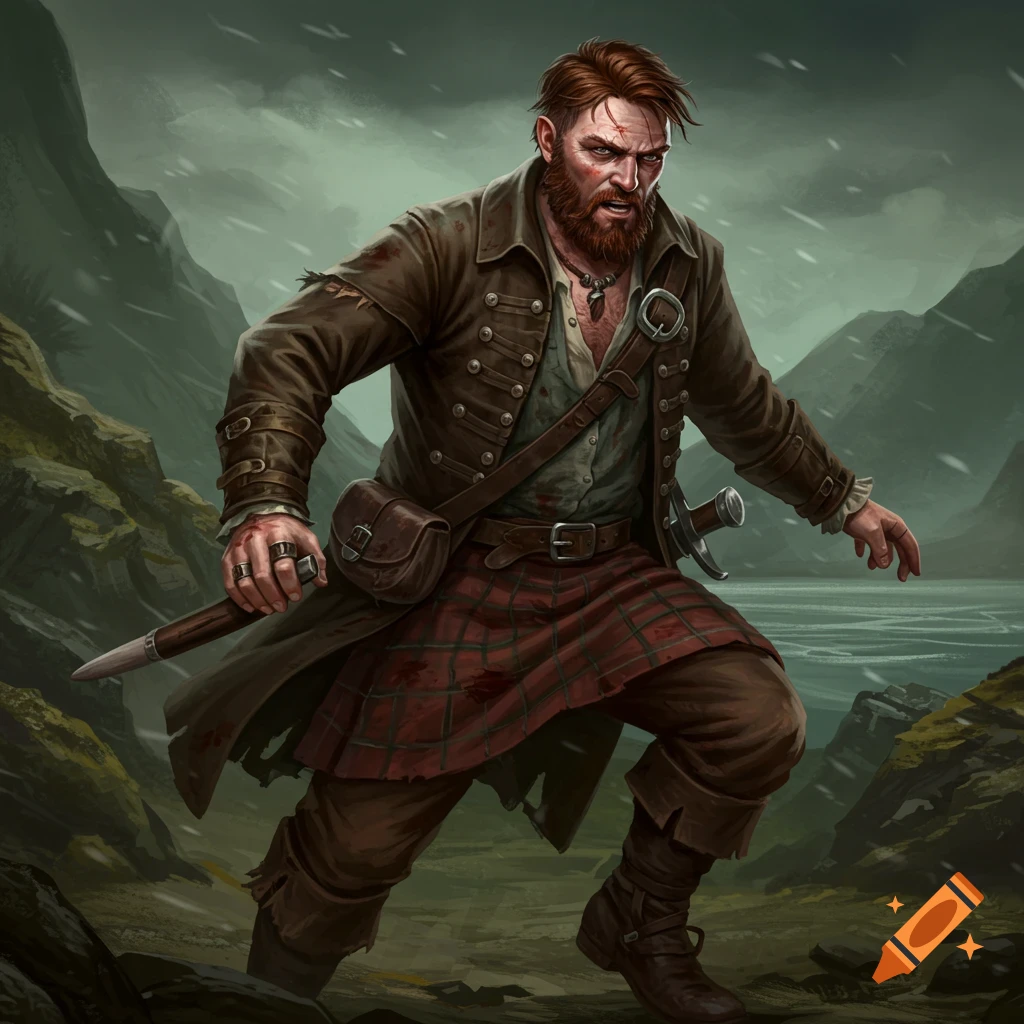 A rugged man in a kilt and jacket stands in a stormy mountainous landscape, holding a sword.