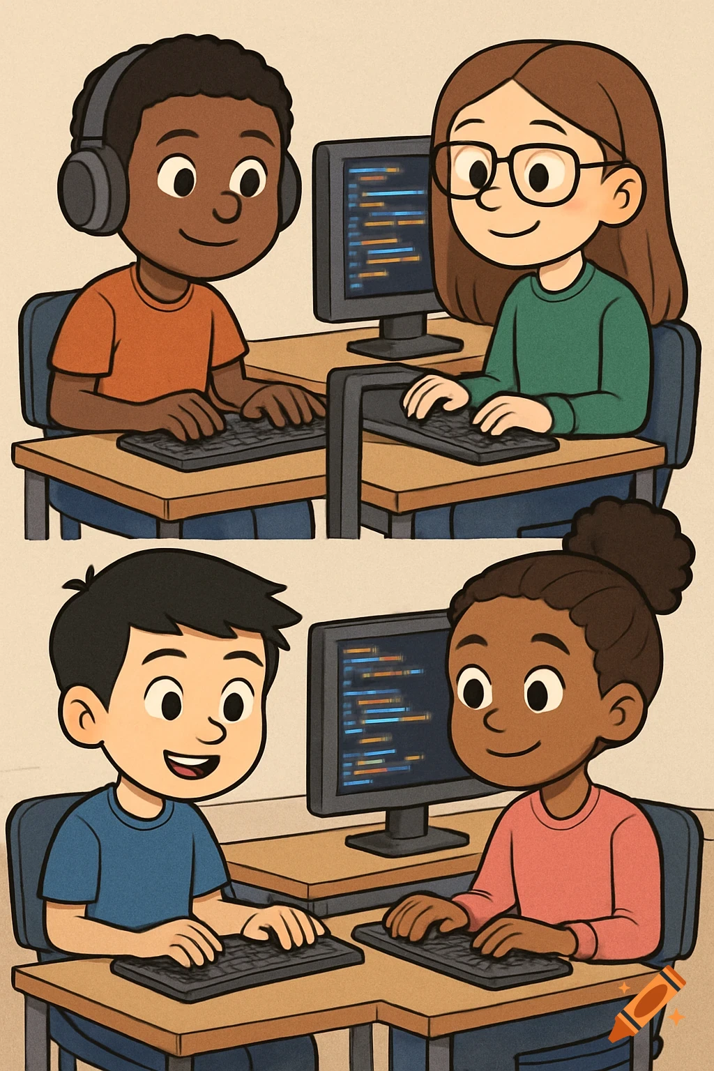 Cartoon illustration of diverse children coding at computers.