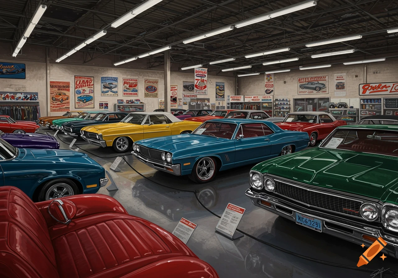 Classic cars displayed in a car show building.