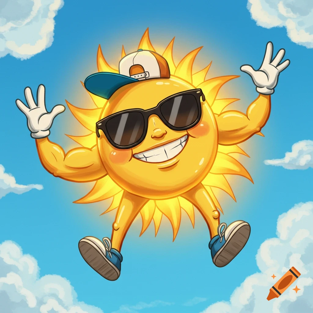 Cartoon sun character wearing sunglasses and a hat, flexing muscles and jumping happily in a blue sky with clouds.