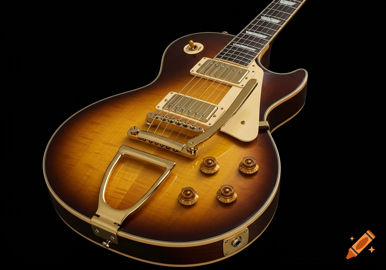 Close-up of a sunburst electric guitar with gold hardware on black background