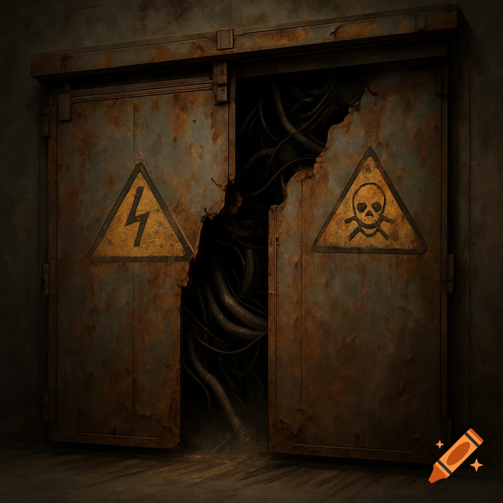 A rusty, broken industrial door with hazard signs (lightning and skull), wires spilling out, and dust on the floor.