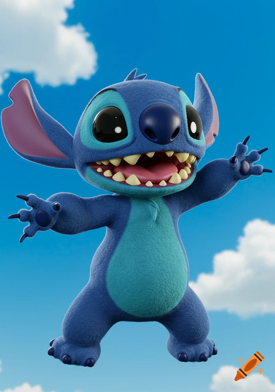 A 3D render of Stitch from Disney's Lilo & Stitch against a blue sky.