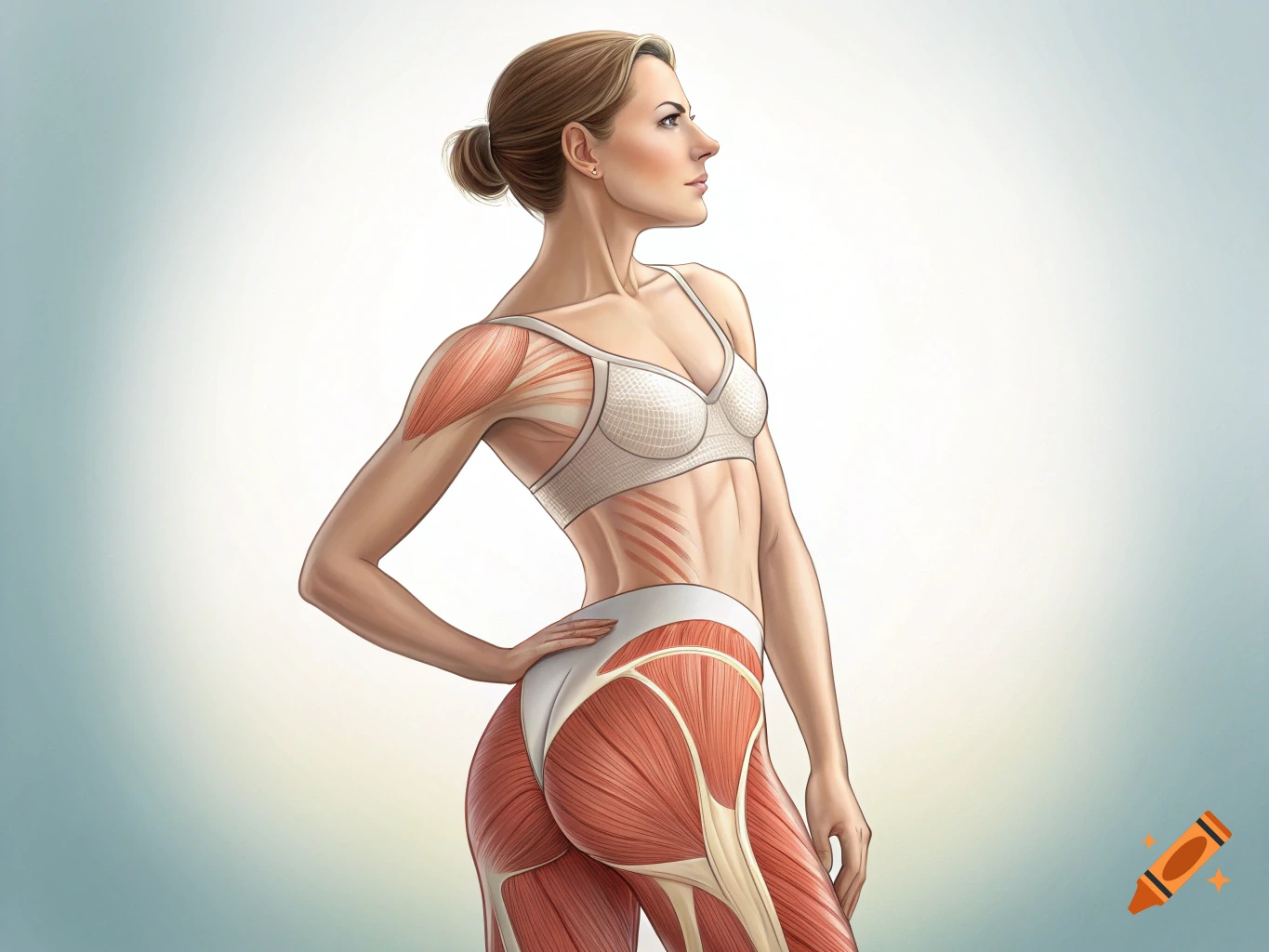 Anatomical illustration of a female figure showing muscles of the torso and legs.