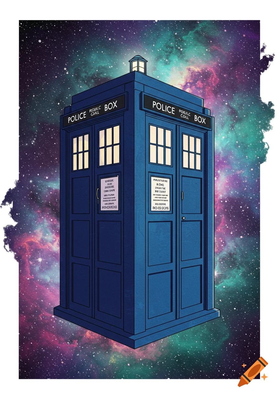 A blue police box (TARDIS) floats in space with a colorful nebula and stars in the background, digital art style.
