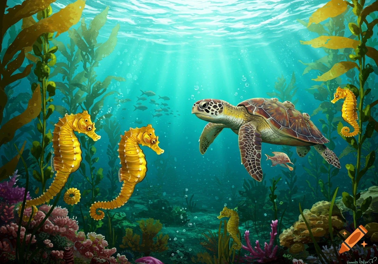 A sea turtle and seahorses in a colorful underwater scene with kelp and coral.