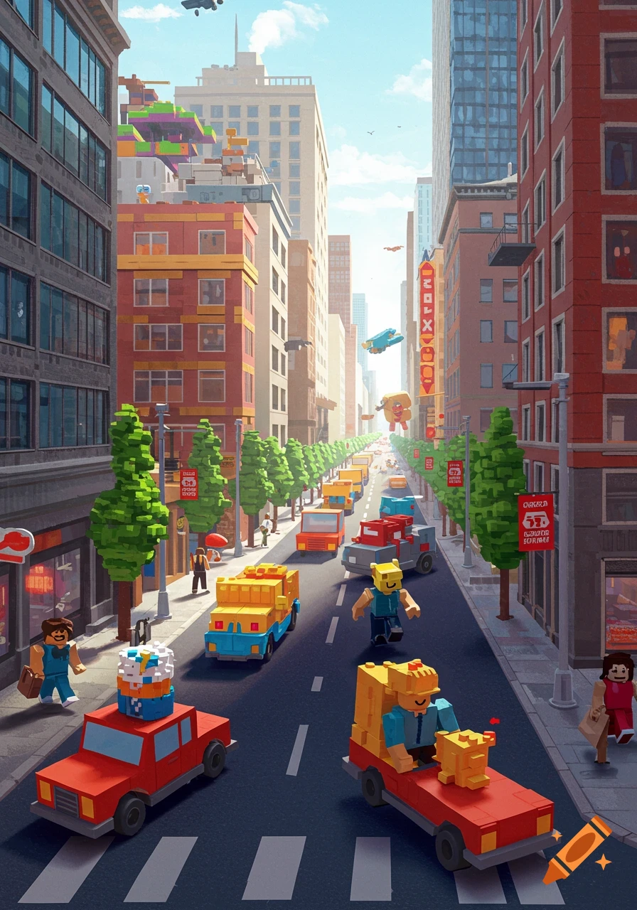 A blocky voxel art city street scene with buildings, cars, and people.