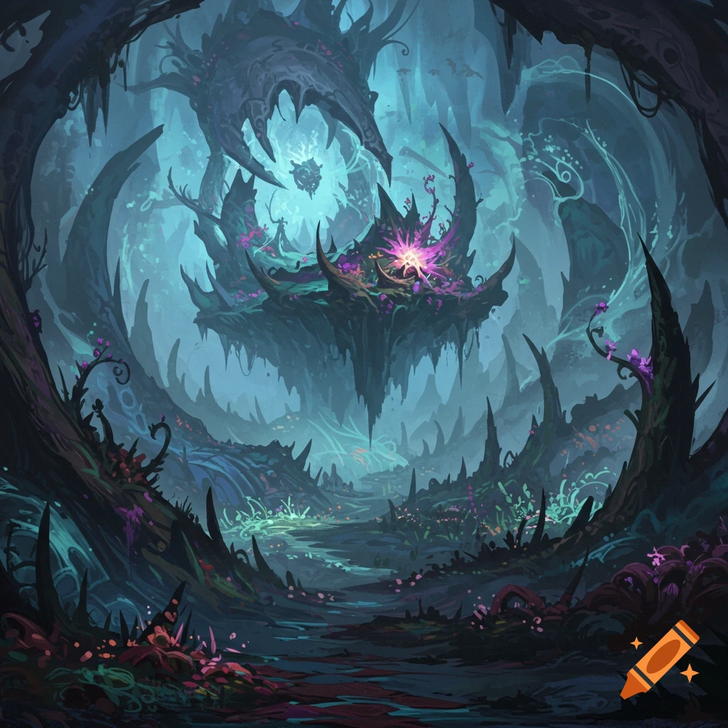 A dark fantasy alien landscape with glowing purple and blue structures.