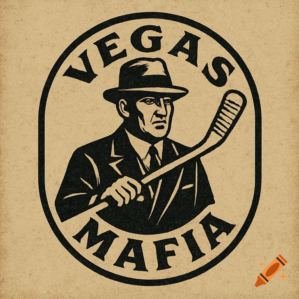 Vintage-style logo of a man in a fedora holding a hockey stick with the words "Vegas Mafia".