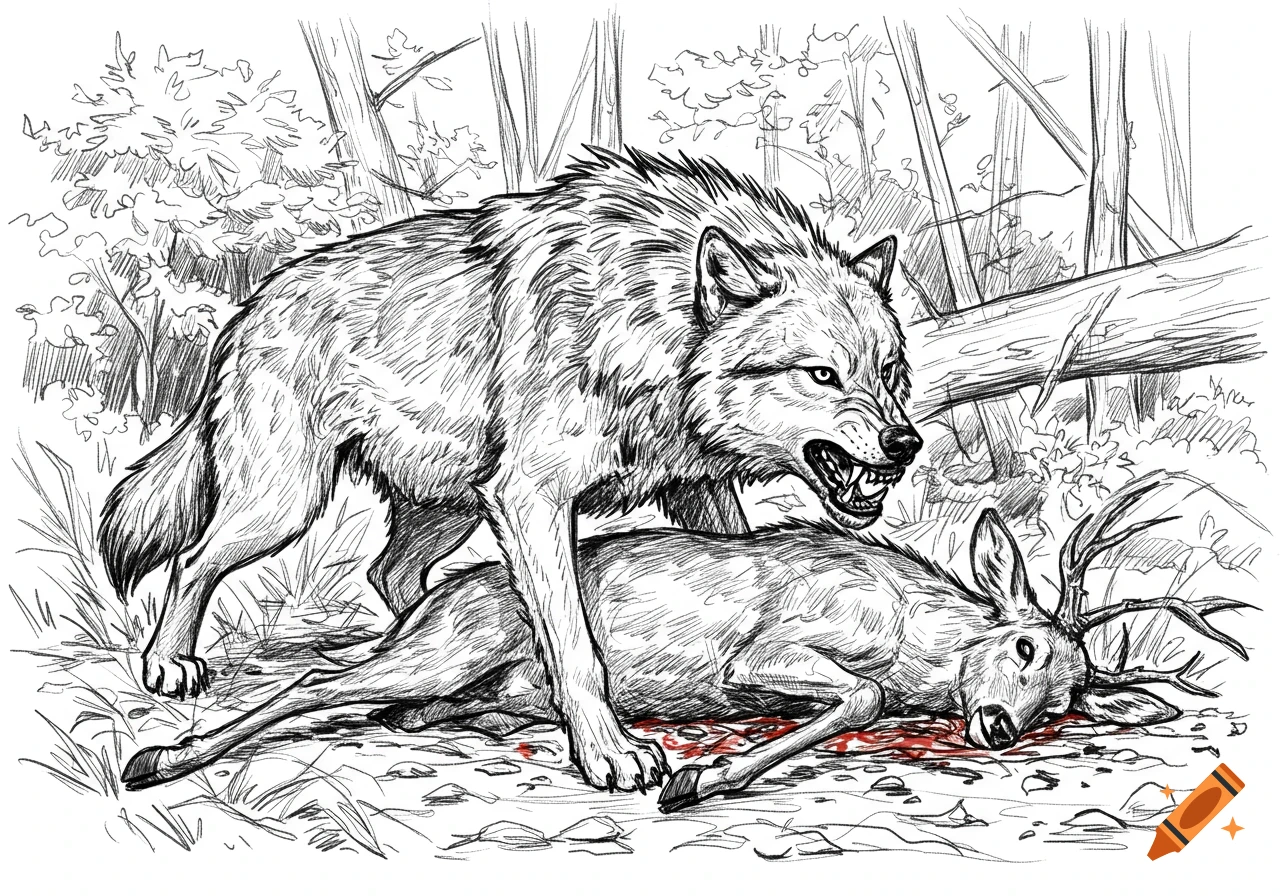 Sketch of a snarling wolf guarding a dead deer in a forest.