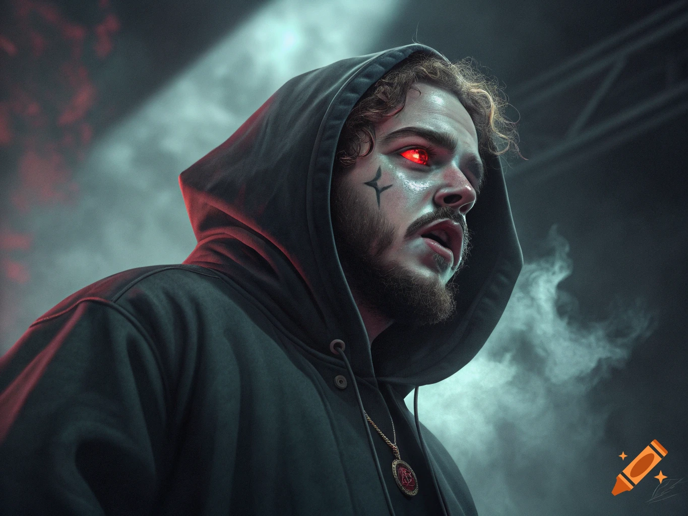 Close-up portrait of a person in a black hoodie with glowing red eyes and a dark facial marking, surrounded by smoke.