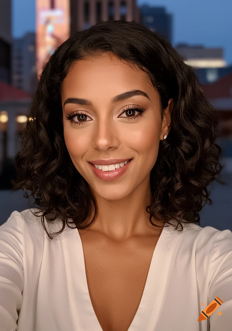 A beautiful Hispanic woman with dark brown skin smiles in a close-up selfie.