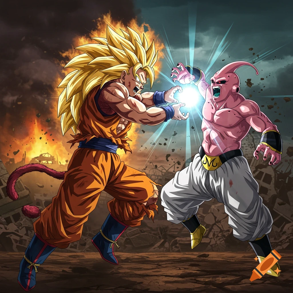 Anime style illustration of Goku in SSJ3 fighting Kid Buu with energy blasts in a ruined city.