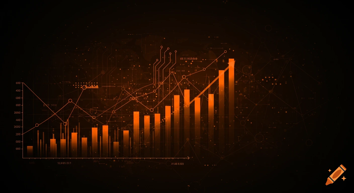 Abstract data visualization with orange bar and line graphs, technical grid background.