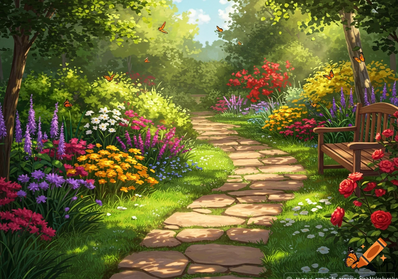 A stone path winding through a colorful home garden with flowers, butterflies, and a bench.