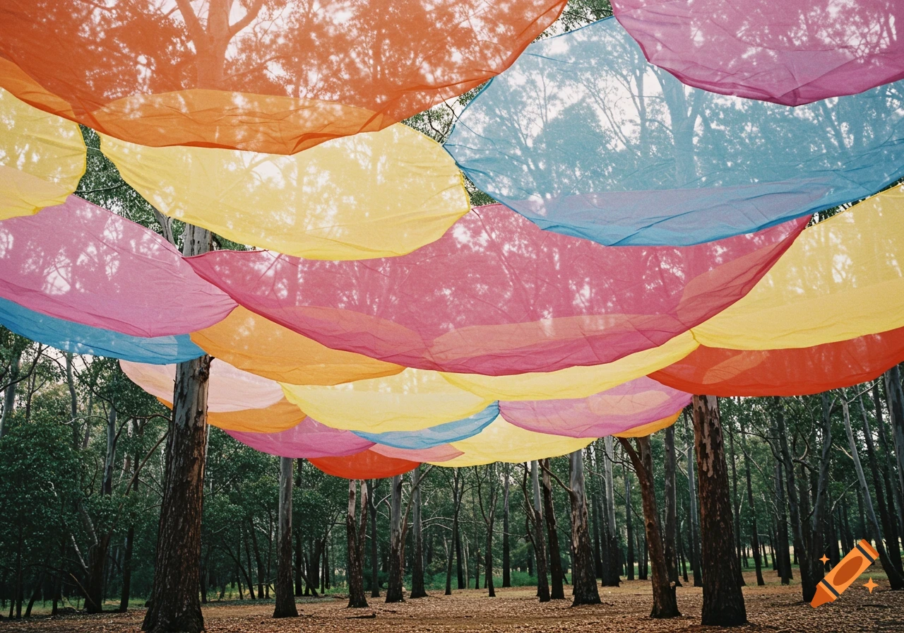 Colorful fabric art installation suspended between trees in a forest