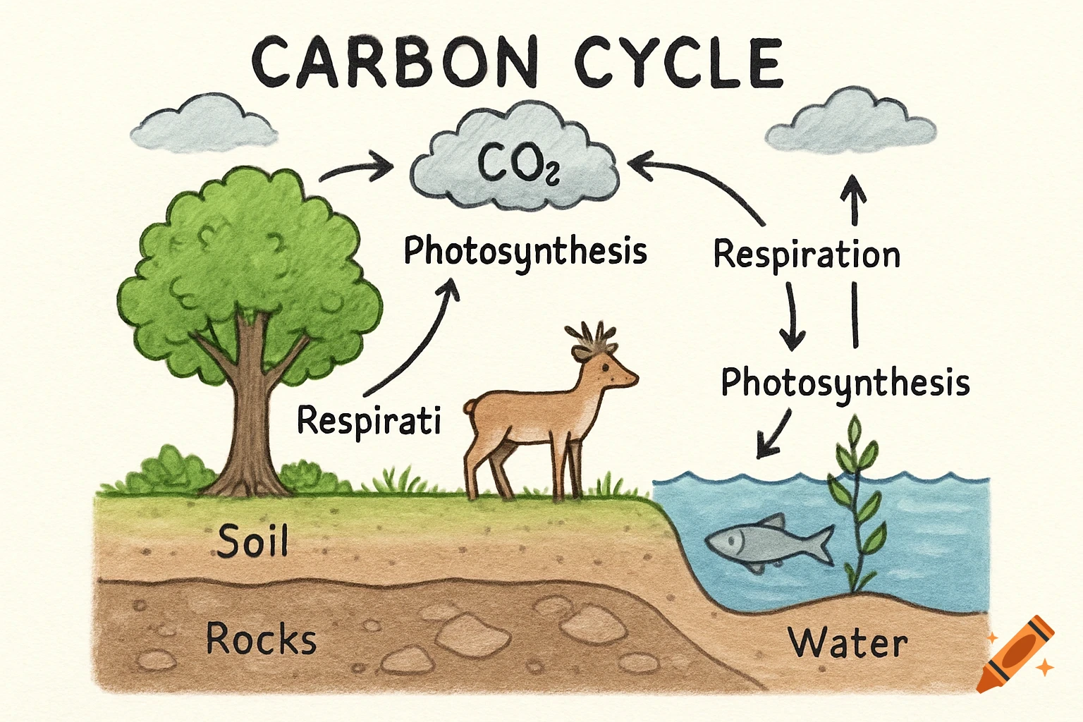 Illustrated diagram of the carbon cycle showing photosynthesis, respiration, soil, rocks, and water.