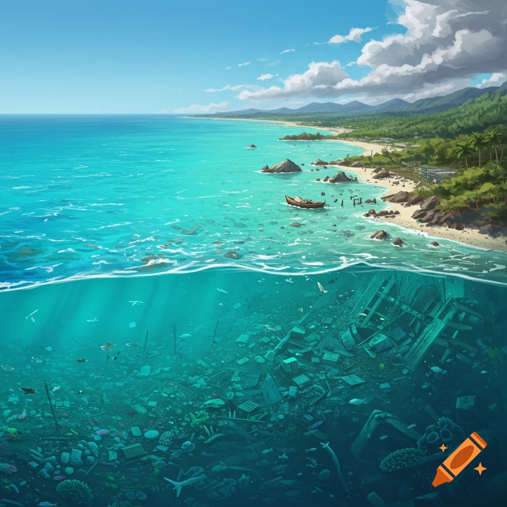 A beach and ocean split view, clear water above, polluted water with debris below.