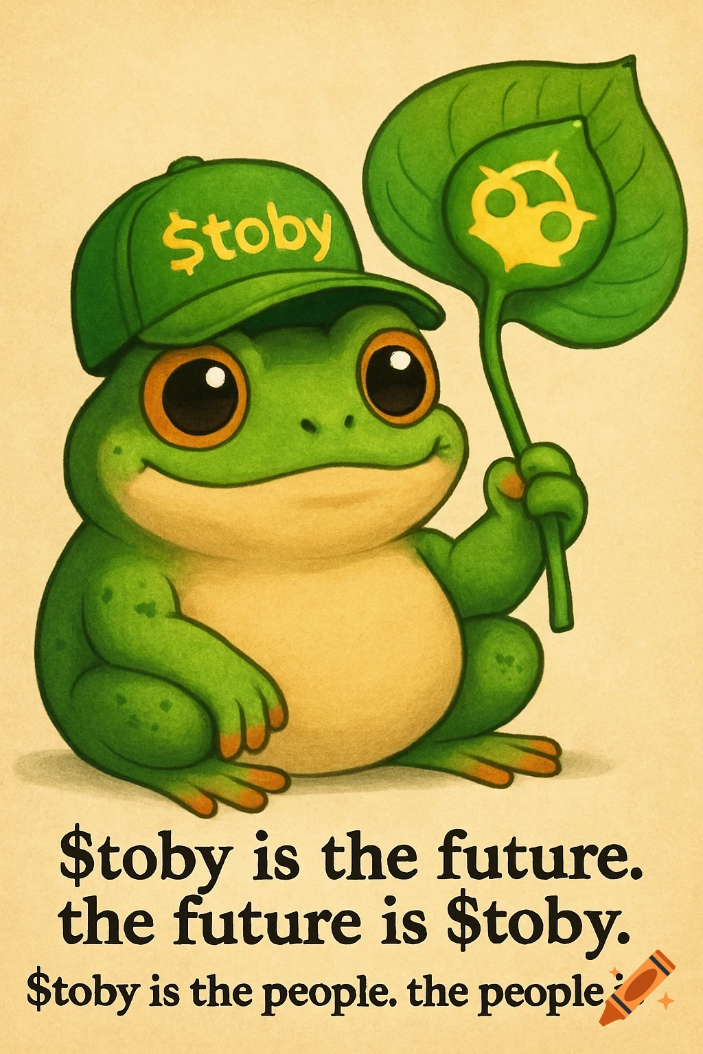 A cartoon frog in a green cap holds a leaf with a symbol. Text below discusses $toby crypto.