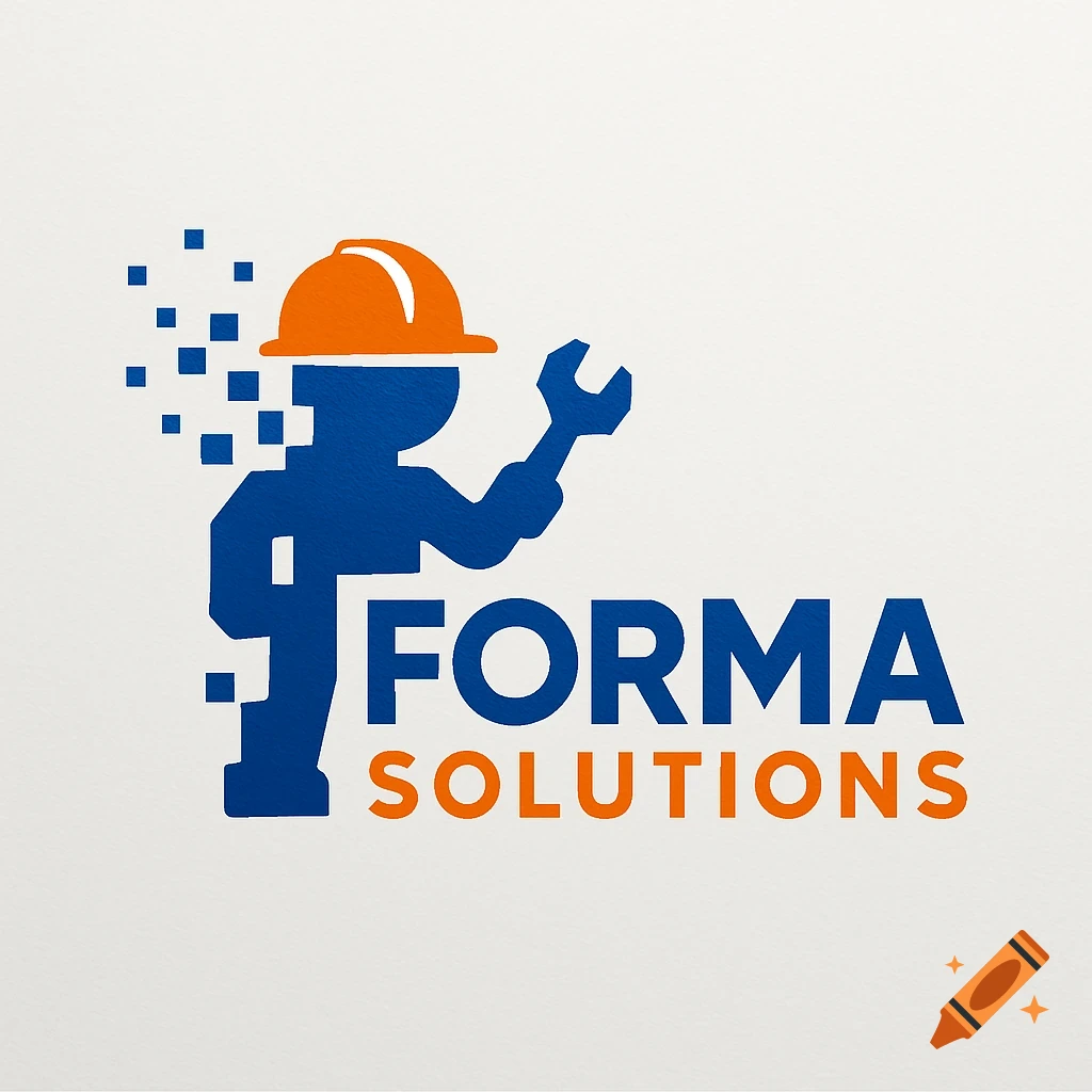 Logo of a blue worker silhouette with orange hard hat and wrench, pixelated elements, and text 'FORMA SOLUTIONS'.