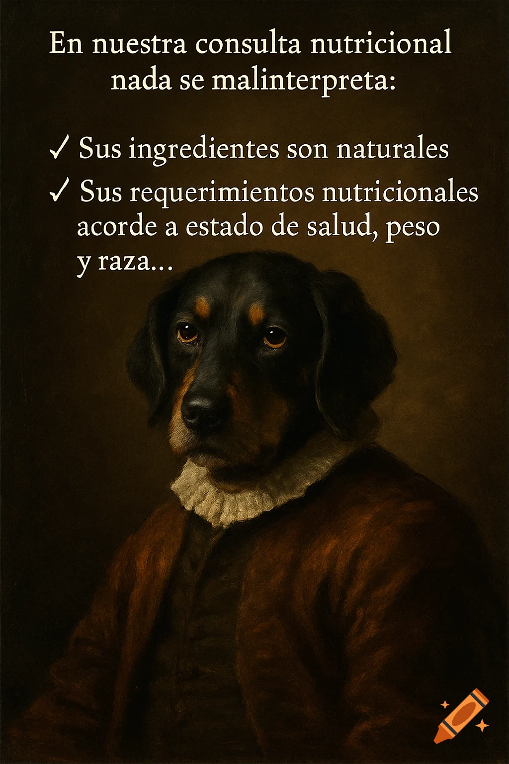 Portrait painting of a dog in 17th-century clothing, baroque style, with text overlay.