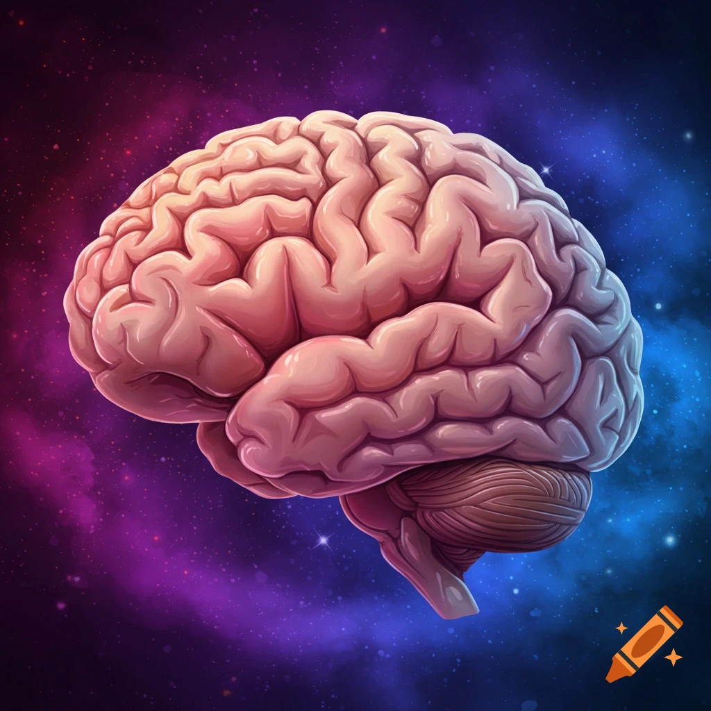 A detailed depiction of a human brain in a colorful cosmic background with stars and nebulae.