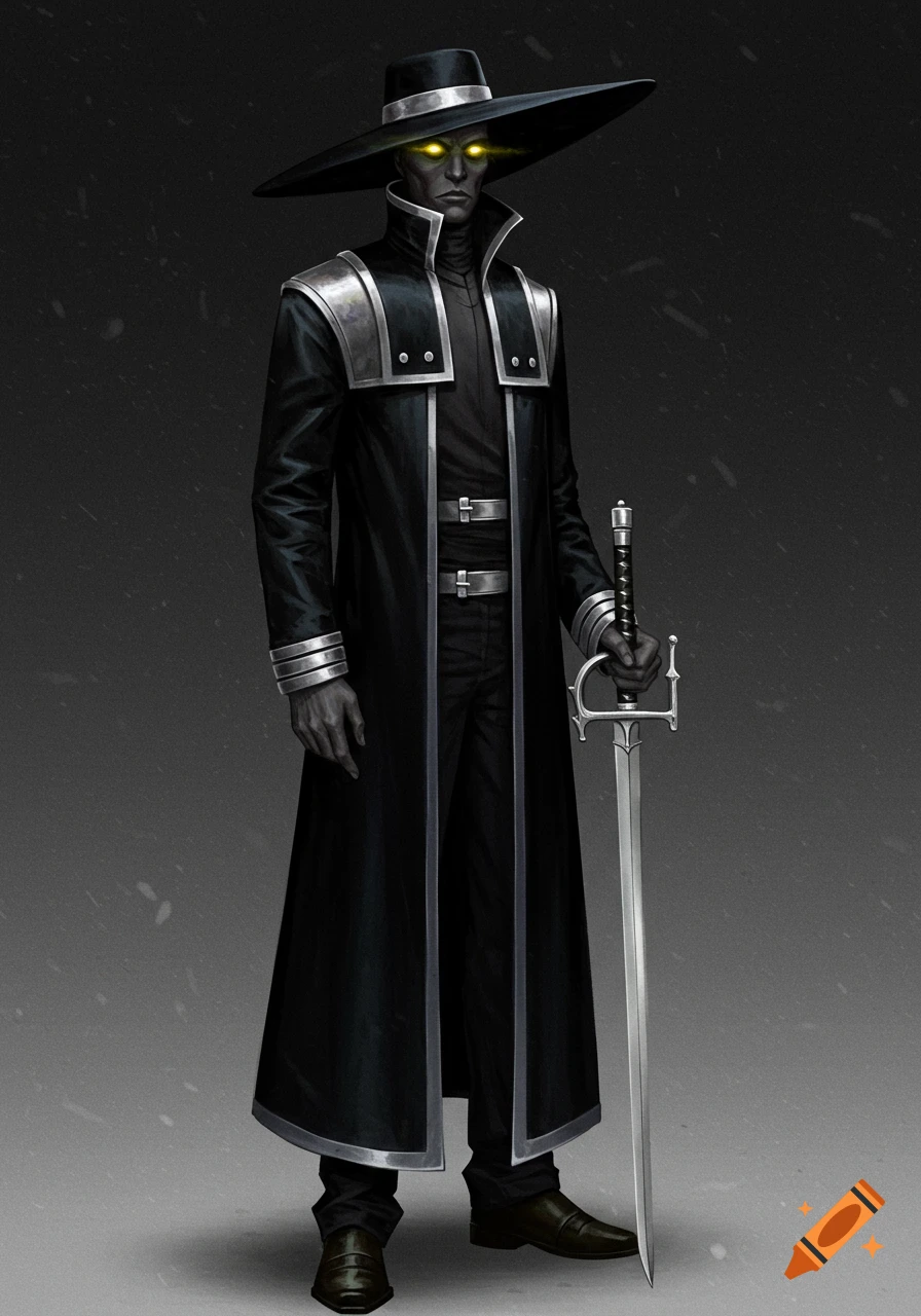 A tall character with dark gray skin and glowing yellow eyes wears a black trench coat and wide-brimmed hat, holding a sword.