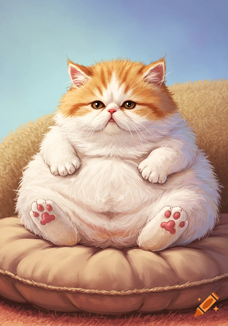 A very fluffy, fat kitten sits on a cushion.