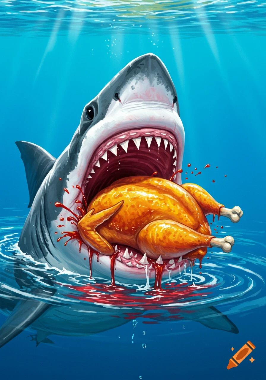A shark is eating a roasted chicken in the water.